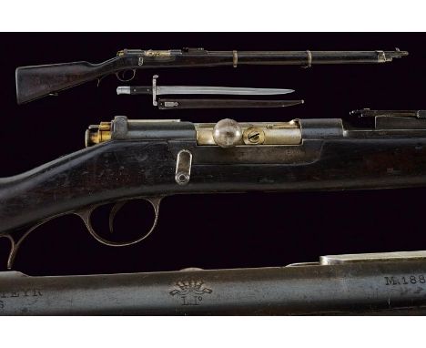 dating: 1886 provenance: Portugal, Round, rifled, cal. 8 x 60 barrel, fore-sight, clutch for a bayonet, adjustable and foldaw