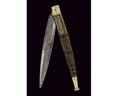 dating: 19th Century provenance: Italy, Slightly curved, single-and false-edged blade, with central fuller. Horn grip, emboss