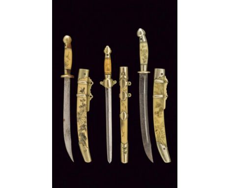 dating: 20th Century provenance: China, Two dao and one jian. Blades with different marks, dao are grooved, jian is ribbed; a