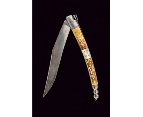dating: 19th Century provenance: France, Long and wide, single-edged blade with hollow tip, tang. Iron grip with bone and mot