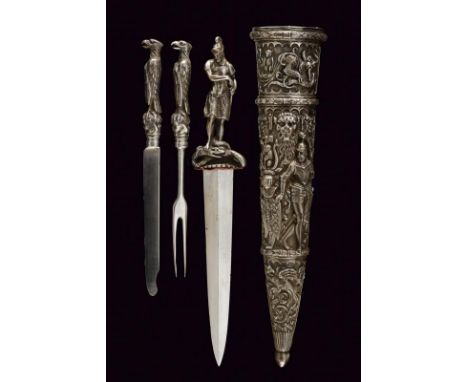 dating: 19th Century provenance: France, Composed of a scabbard containing a dagger, a knife and a fork. The dagger with a st