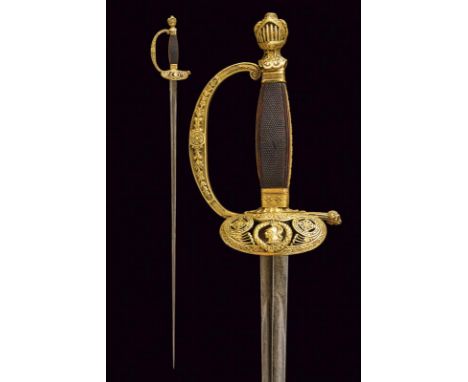 dating: 19th Century provenance: France, Straight blade of triangular section, with hollow facets. Brass, gilded hilt. Shell-