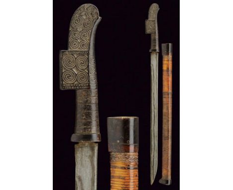 dating: 19th Century provenance: Sulawesi, Straight, single-edged blade in fine pamor, the back ribbed in the center. Grip wi