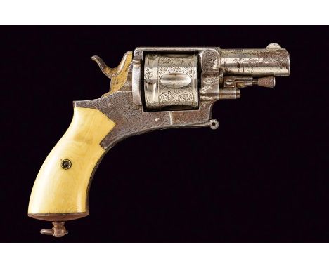 dating: 1875-1890 provenance: Belgium, Round and flat on the back, 9 mm cal. barrel, with fore-sight, engraved with rinceaux 