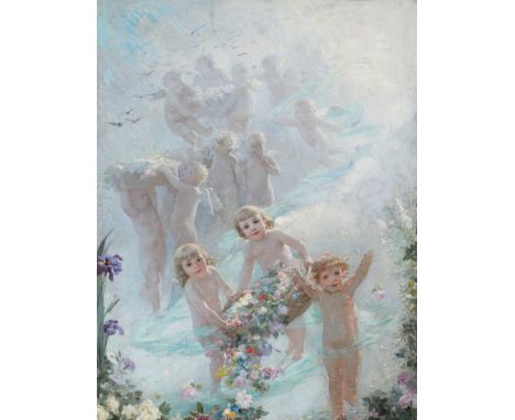 ARTURO MICHELENA (Venezuela, 1863 - 1898)."Angels with flowers".Oil on canvas. Re-coloured.With restorations.Signed in the lo