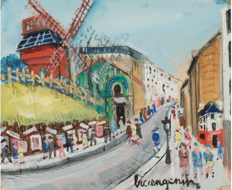 LUCIEN GENIN (Rouen, 1894 - Paris 1953)."Moulin de la Galette.Watercolour and charcoal on paper.Signed in the lower right cor