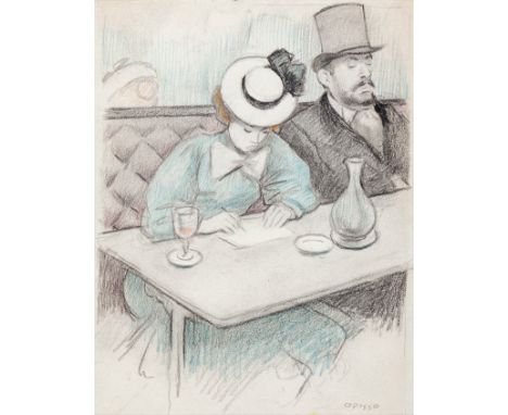 RICARDO OPISSO I SALA (Tarragona, 1880 - Barcelona, 1966)."Couple in a Parisian café".Pencil and crayon on paper.Signed in th