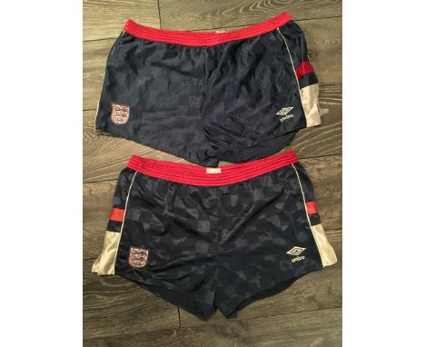 Tony Cottees England Football Shorts: Two pairs of blue Umbro shorts worn by Tony in the mid 80s whilst playing for England. 