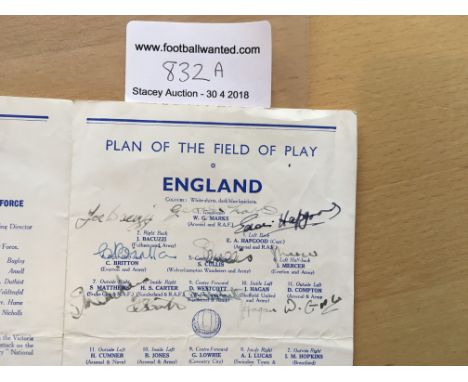 1943 England Signed Football Programme + Ticket: Programme v Wales dated 27 2 1943 with fold. Fully signed by all 11 of the E