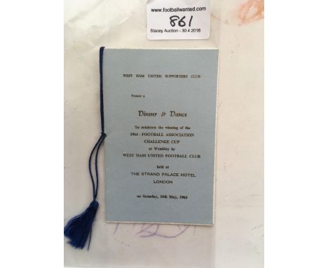 1964 West Ham FA Cup Winning Football Menu: From The Strand Palace Hotel 2 weeks after winning the cup. Signed by Kirkup Bovi