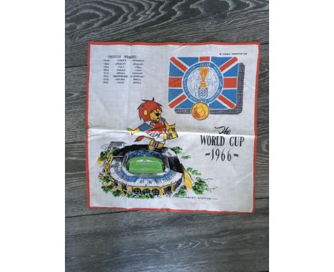 1966 World Cup Willie Football Handkerchief: Nice decorative item with the World Cup logo, WC Willie kicking a football and a