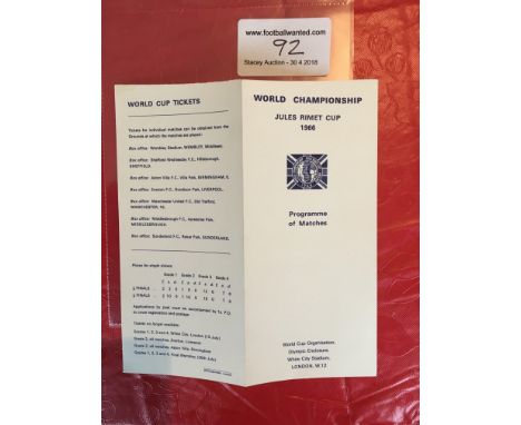 1966 World Cup Programme Of Matches: 4 page Card printed by McCorquodale. Listing the group dates, venues and ticket availabi