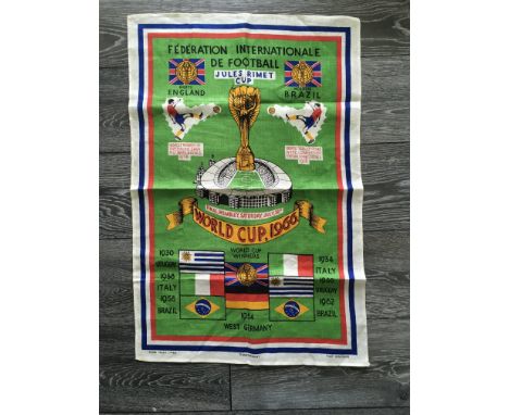 1966 World Cup Linen Tea Towel: Decorative unused tea towel depicting the Jules Rimet Cup, Wembley Stadium and previous winne