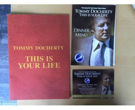 Tommy Docherty Signed Football Menu: An impressive This Is Your Life Dinner Menu signed on A4 size Celtic picture inside. C/W