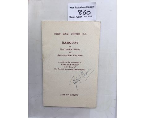 1964 West Ham FA Cup Final Signed Football Menu: From the Hilton on the night of the match. Signed inside by all the team plu