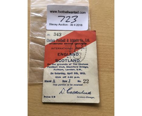 1913 England v Scotland At Chelsea Football Ticket: Rare chance to obtain this ticket dated 5 4 1913. 100% genuine in very go