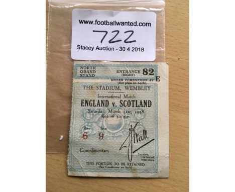 1928 England v Scotland Football Ticket: Complimentary ticket for the match at Wembley on 31 3 1928. Fair/good.