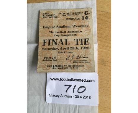 1936 FA Cup Final Football Ticket: Good condition ticket for the Arsenal v Sheffield United match.