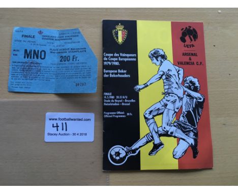 1980 UEFA Cup Final Programme + Ticket: Valencia v Arsenal played at the Heysel Stadium. Mint condition programme without wri