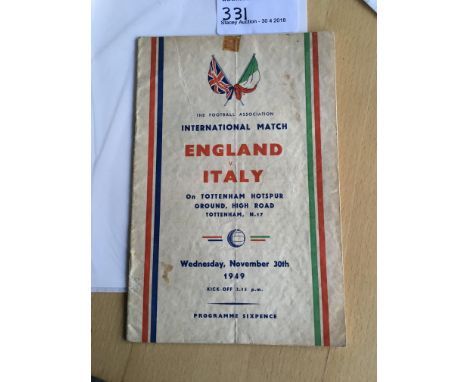 1949 England v Italy Football Programme: Played at Tottenham on 30 11 1949. No team changes and overall fair with fold.