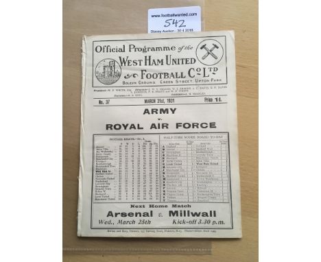 1930/31 Army v Royal Air Force At West Ham Football Programme: Good condition ex bound volume dated 21 3 1931 with no writing