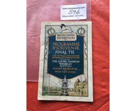 1923 FA Cup Final Football Programme: Bolton Wanderers v West Ham original programme which has back page missing. Light celot