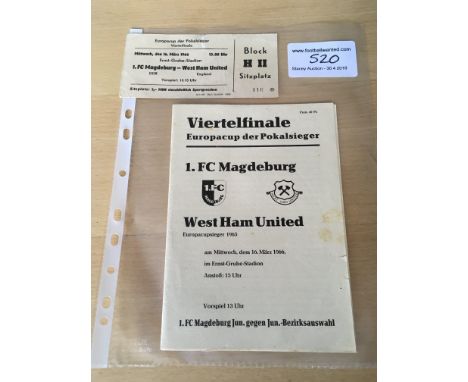 65/66 Magdeburg v West Ham ECWC Programme + Ticket: Played in Germany on 16/3/1966. Programme is very good with no team chang