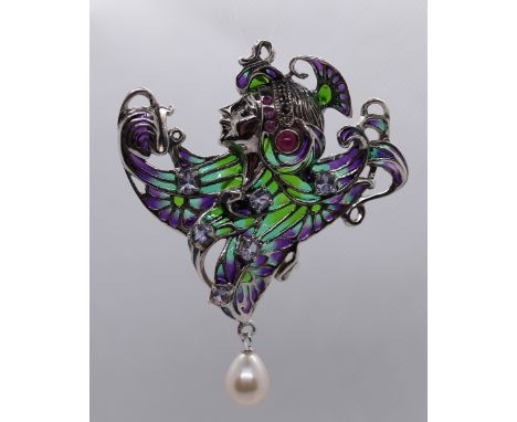 Silver, enamel &amp; stone set pendent/brooch 