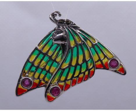 Silver enamel &amp; ruby brooch 