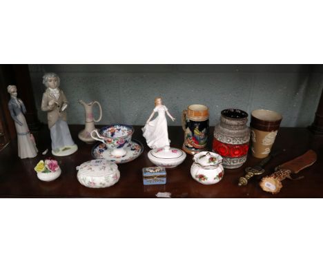 Shelf of collectables to include Royal Doulton, daggers, West German vase etc 