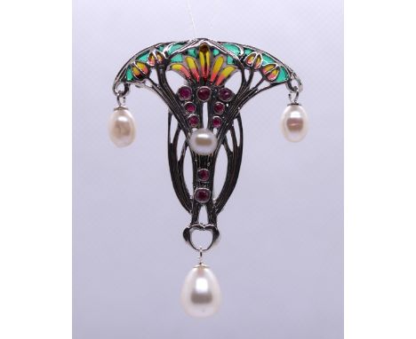 Silver enamel ruby &amp; pearl set pendent 