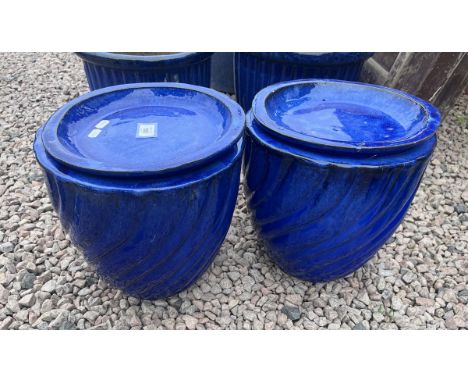 Pair of cobalt blue glazed plant pots with saucers 