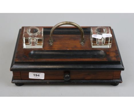 Victorian double inkwell ebonized walnut desk tidy, with drawer 