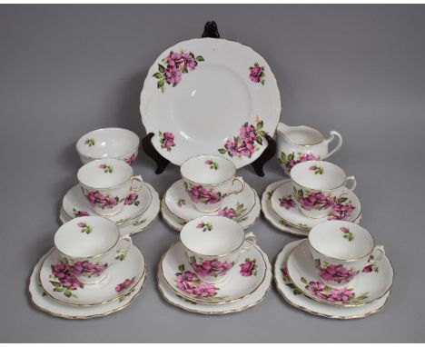 Vale Floral Pattern Tea Set to comprise Cake Plate Six Side Plates, Saucers and Cups, Jugs and Sugar Bowl (One Saucer Glued) 