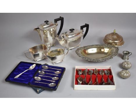 A Collection of Various Silver Plated Items to include Four Piece Tea Service, Cover with Bone Pineapple Finial, Apostle Tea 