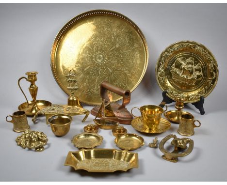 A Pierced Brass Galleried Tray Containing Brass Ornamental Items, Scale Weights, Vintage Flat Iron, Bedchamber Stick etc 