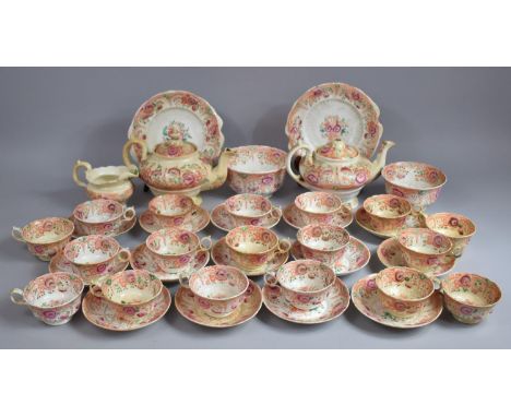 A 19th Century Floral Decorated Tea Set, Pink Floral Rose, Orange Scrolled Foliage with Green Leaves to comprise Two Teapots,