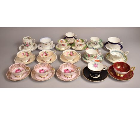 A Collection of Various Cabinet Cups and Saucers to include Three Paragon Pink and Gilt Floral Decorated Examples, Coalport G