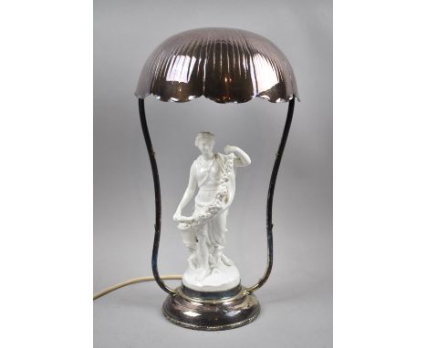 A Modern Ceramic Creamware Style and Silver Plated Figural Table Lamp in the Form of Classical Maiden with Garland of Flowers