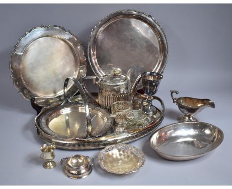 A Collection of Various Silver Plated Item to Comprise Oval Galleried Tray, Shaped Trays, Coffee Pot etc 