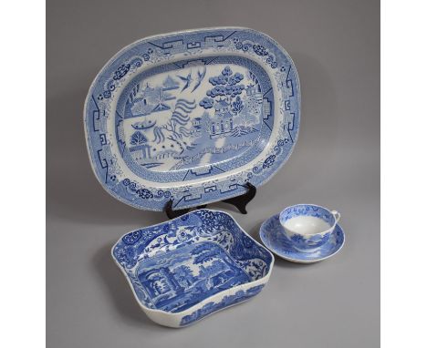 Four Pieces of Blue and White Transfer to Comprise Willow Pattern Meat Plate, Spode Italian Shaped Bowl, Grainger and Co Worc