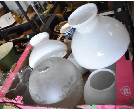 A Collection of Etched and Opaque Glass Oil Lamp Globes, Various Sizes 