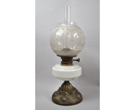 A Late Victorian Brass Based Oil Lamp with Opaque Glass Reservoir and Etched Globe, Duplex Controls, Overall Height 52cm 