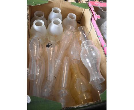 A Collection of Oil Lamp Chimneys, Opaque Glass Shades etc 