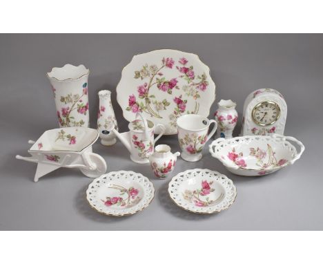 A Collection of 12 Pieces of Various Aynsley Elizabeth Rose China to include Vase, Mantel Clock, Mug, Wheelbarrow Ornament, C