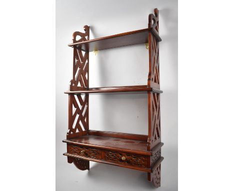 A Reproduction Mahogany Wall Hanging Three Tier Whatnot Shelf with Two Base Drawers, 49cm Wide 