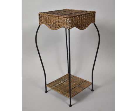 A Modern Iron Framed Two Tier Stand with Caned Top and Stretcher Shelf, 31.5cm Square 