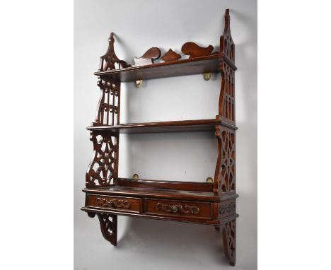 A Reproduction Mahogany Wall Hanging Three Tier Whatnot Shelf with Two Base Drawers, 52cm wide 