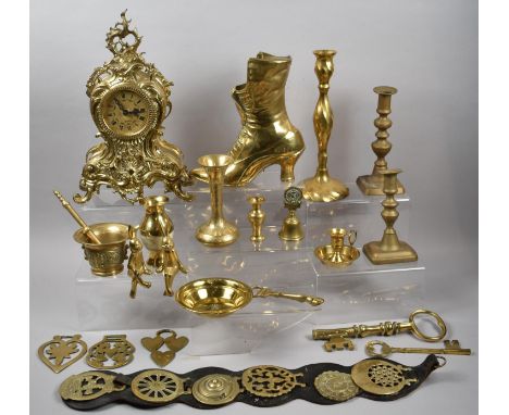 A Box of Brass to Include Ornate Mantle Clock with Battery Movement, Candle Sticks, Pestle and Mortar, Large Keys etc 