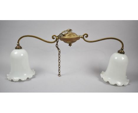 A Vintage Brass Two Branch Ceiling Light Fitting with Opaque Glass Shades, 52cm wide 